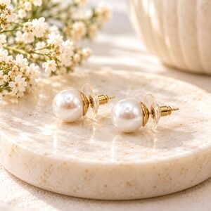 Vintage Faux Pearl Stud Earrings with Gold-Tone Accents Classic Jewelry